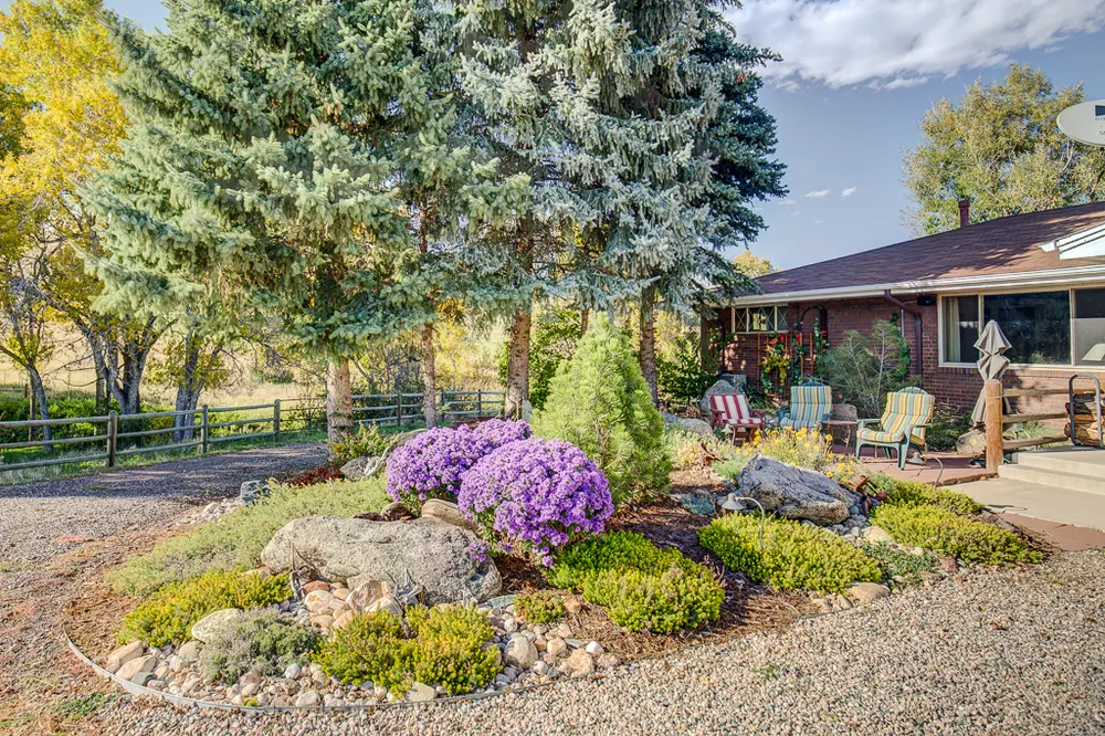 Panorama of a finished backyard landscape with lawn, planting beds and boulders