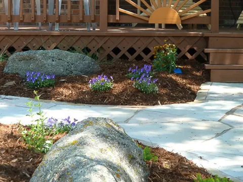 Flagstone path with granite boulders and purple flowers in a mulch bed below a wooden deck.