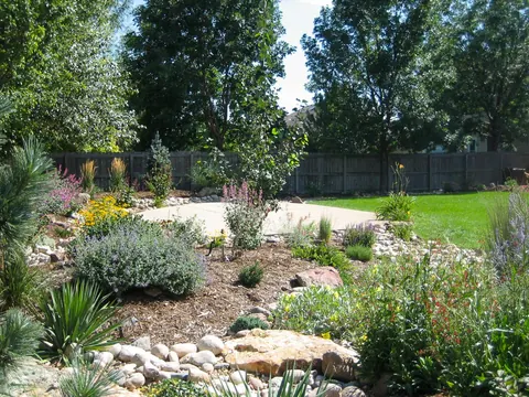 Backyard perennial bed with salvia, grasses, river rock and a small patio beneath tall trees.