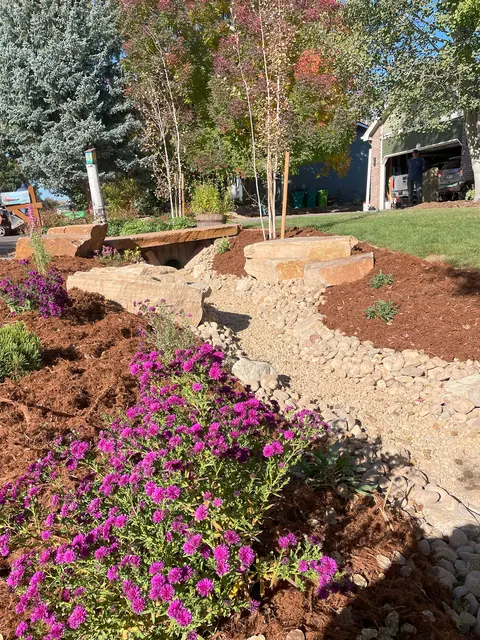 Flagstone slab bridge over a dry creek bed with mulch beds and magenta flowers in Loveland.