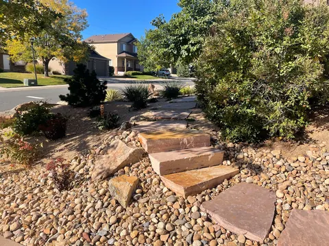 Red flagstone steps rising through river rock beds with shrubs in a Loveland front yard.