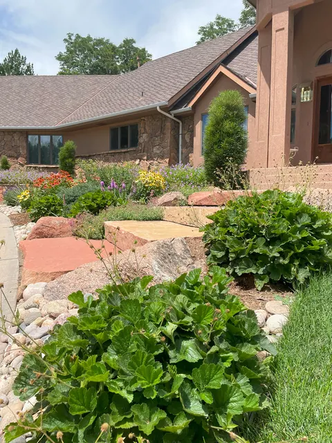 Red flagstone, river rock and leafy perennials beside a lawn near a Fort Collins home entry.