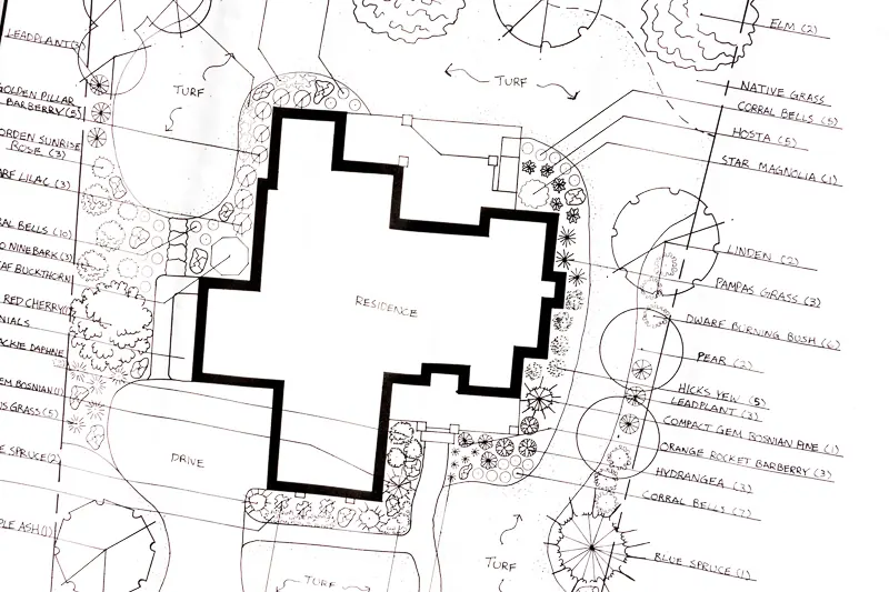 Landscape design plan with a labeled plant list