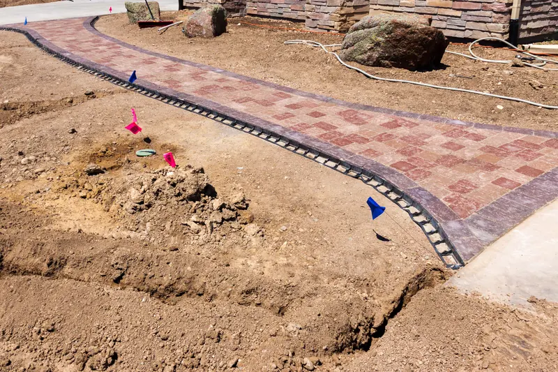 Paver walkway being installed with irrigation flags marked