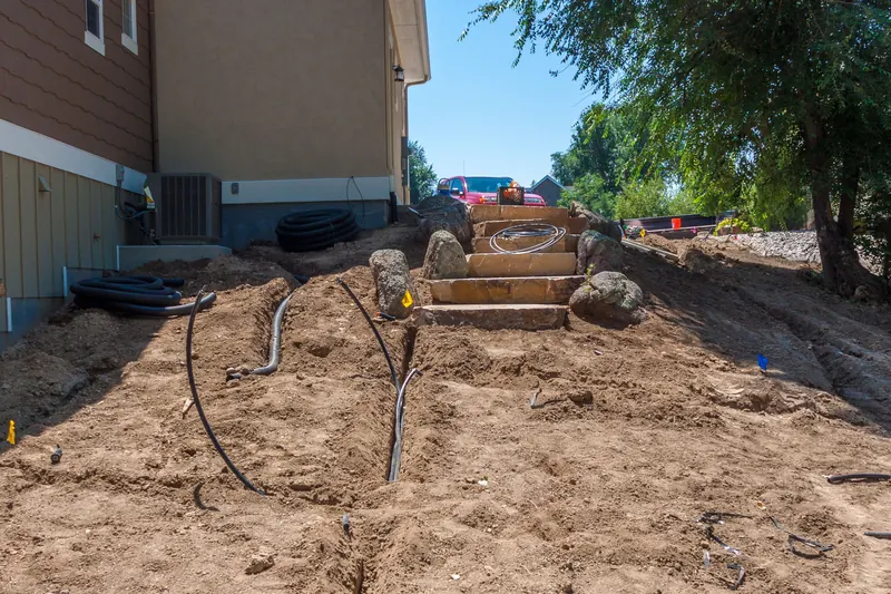 Sprinkler lines trenched in beside a house before landscaping